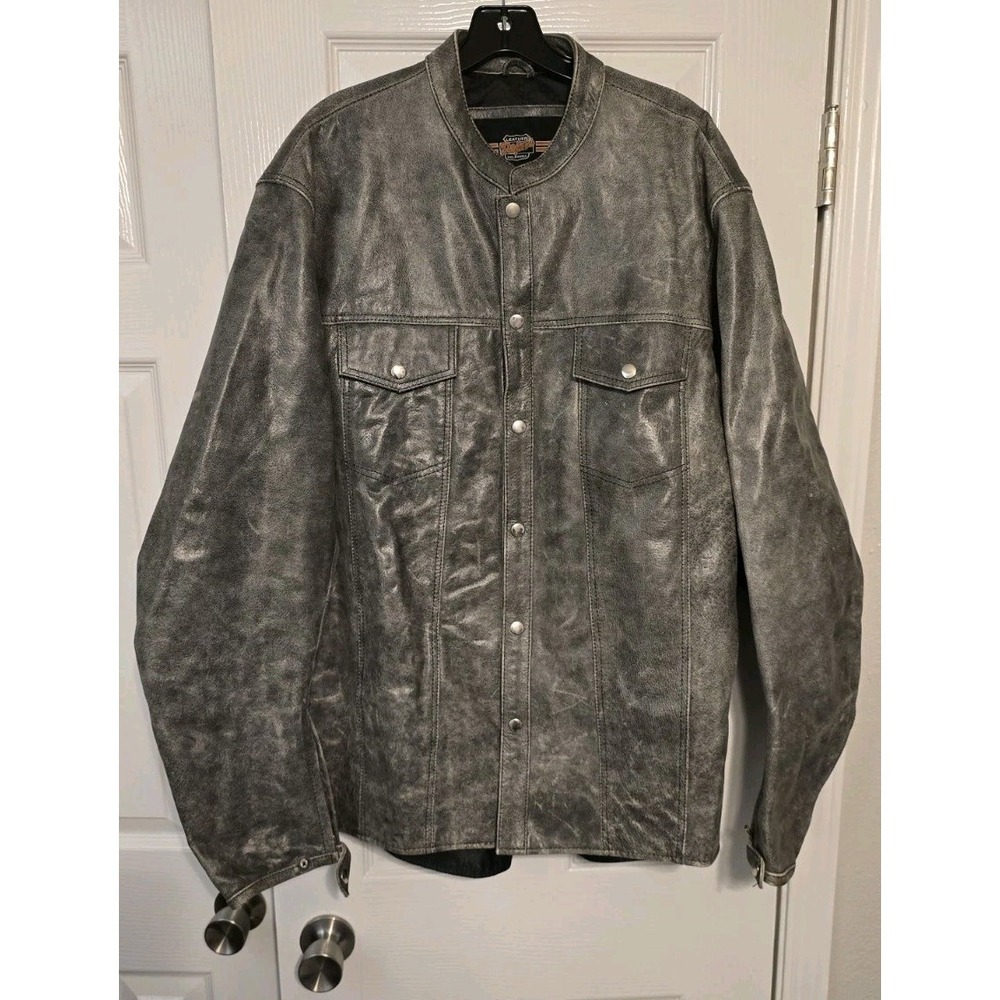 Mens 2XL Leather Papas Oklahoma Leather Grey Jacket Biker Snap Buttons Full Zip